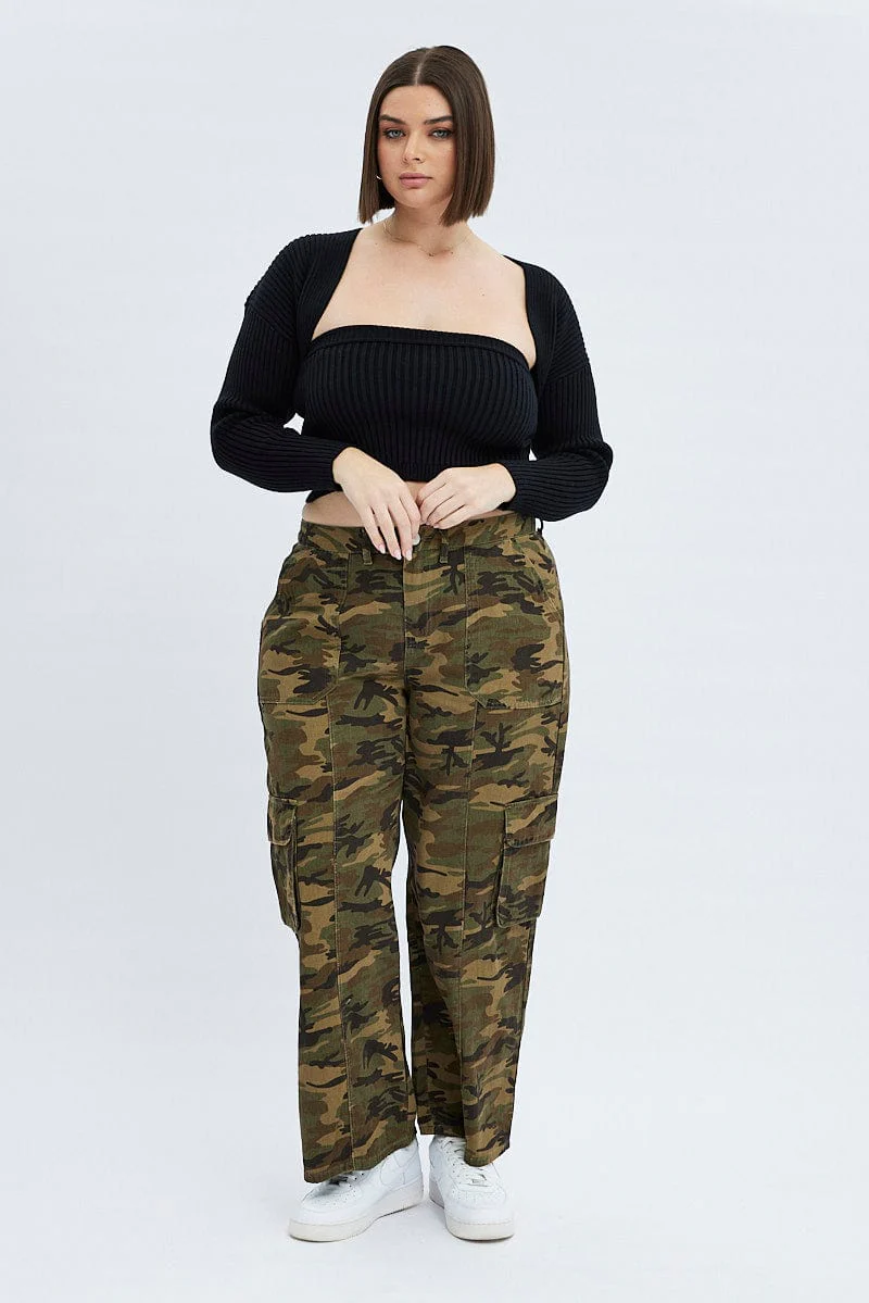 Green Abstract Cargo Pants Camouflage Wide Leg Cotton Drill - Image 3