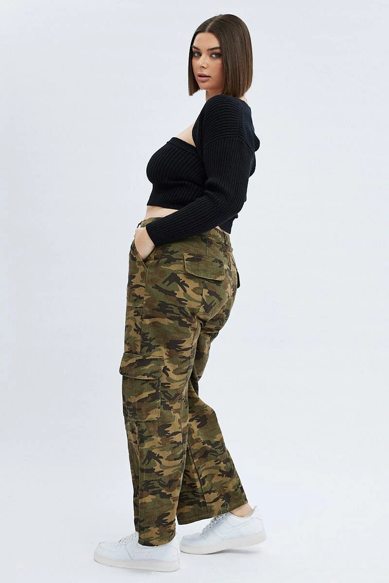 Green Abstract Cargo Pants Camouflage Wide Leg Cotton Drill - Image 4