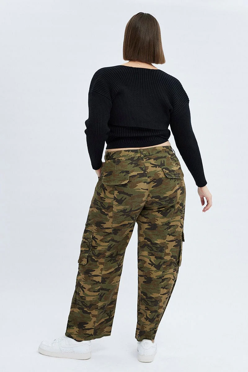 Green Abstract Cargo Pants Camouflage Wide Leg Cotton Drill - Image 5