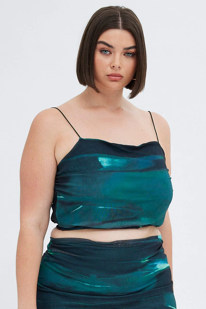 Green Abstract Crop Top Ruched Side Mesh - Image 4