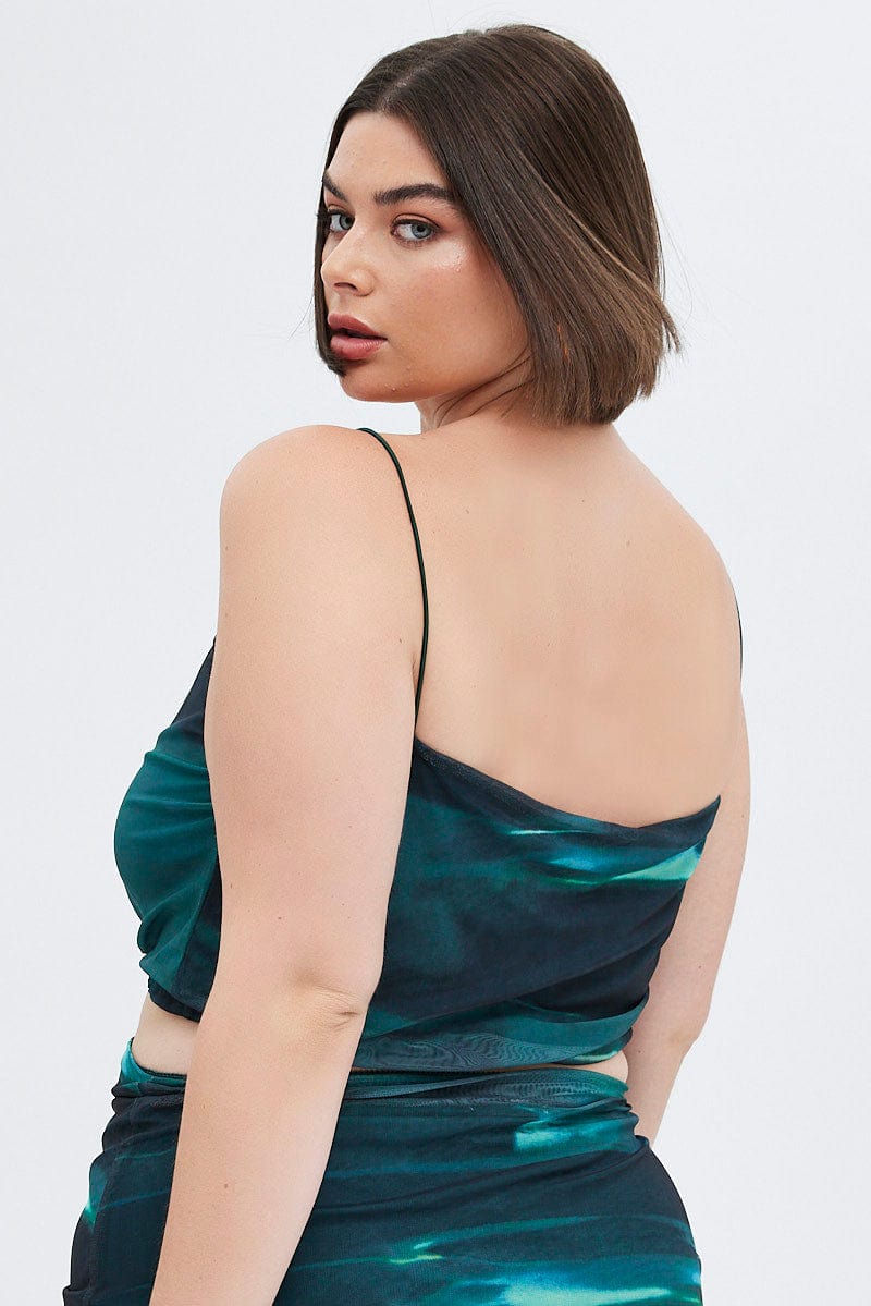 Green Abstract Crop Top Ruched Side Mesh - Image 6