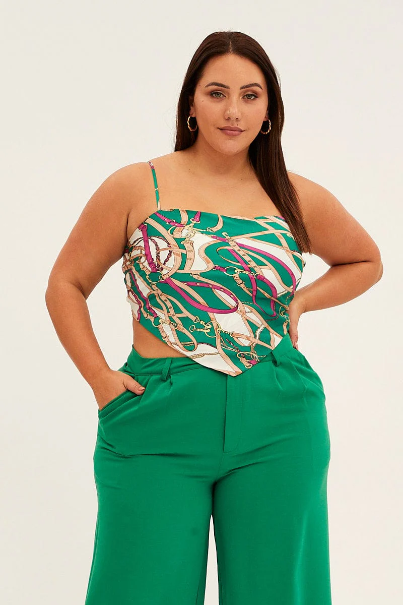 Green Abstract Crop Top Sleeveless Scarf Hem Satin - Image 3
