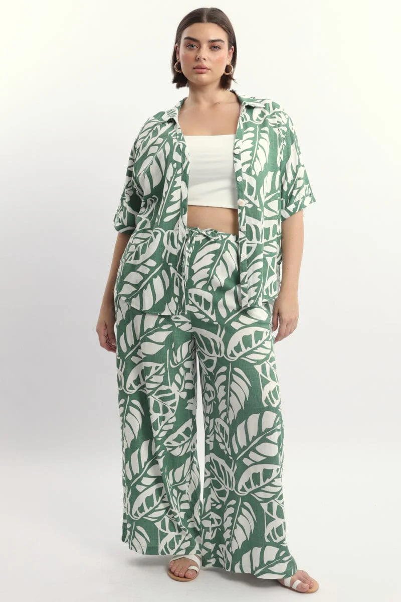 Green Abstract Elastic Waist Linen Blend Wide Leg Pants