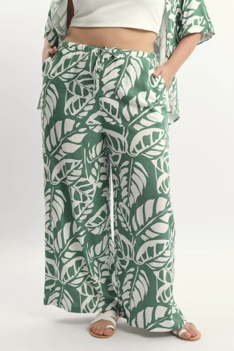Green Abstract Elastic Waist Linen Blend Wide Leg Pants - Image 2