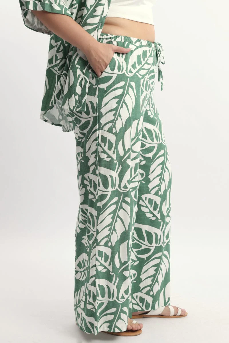 Green Abstract Elastic Waist Linen Blend Wide Leg Pants - Image 3