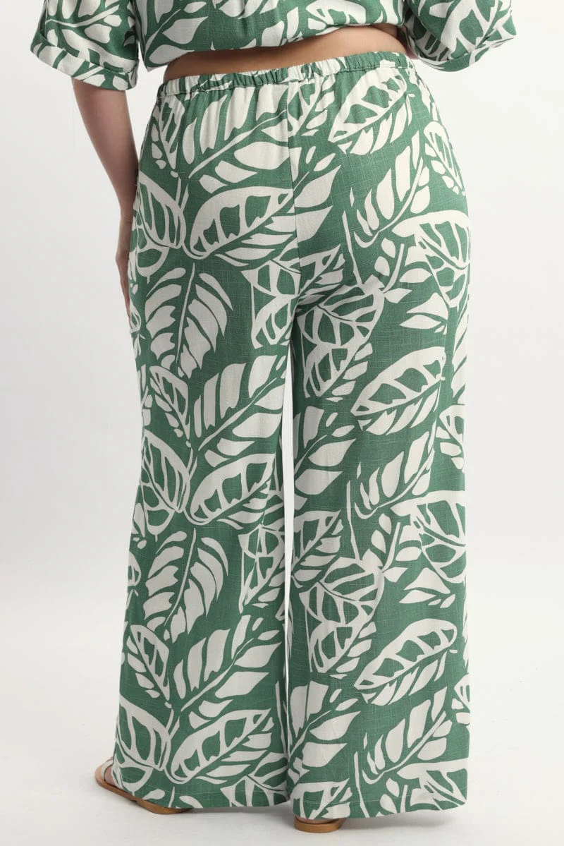 Green Abstract Elastic Waist Linen Blend Wide Leg Pants - Image 4