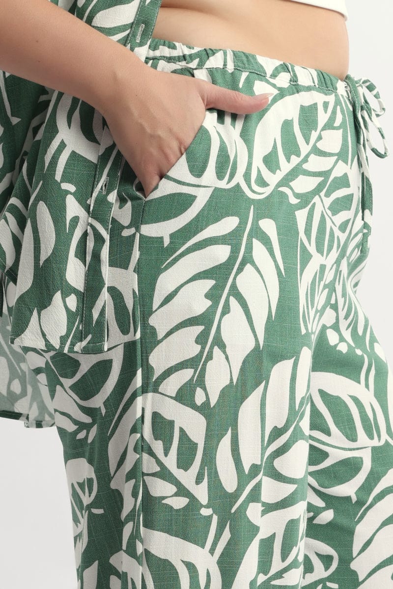Green Abstract Elastic Waist Linen Blend Wide Leg Pants - Image 5