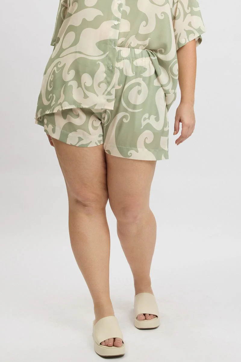 Green Abstract Elastic Waist Shorts - Image 3