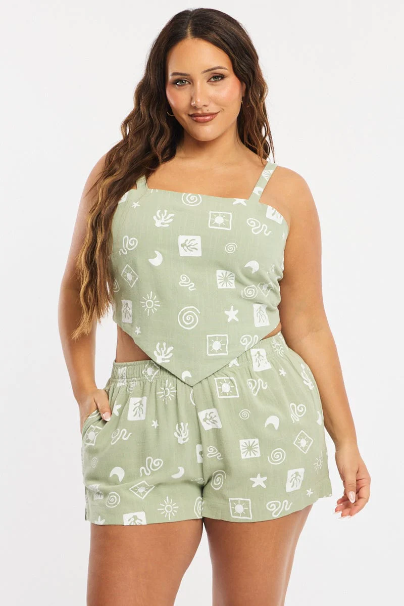 Green Abstract Elastic Waist Shorts