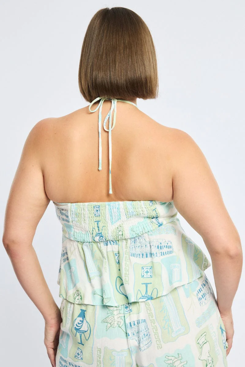 Green Abstract Halter Top Linen Blend - Image 4