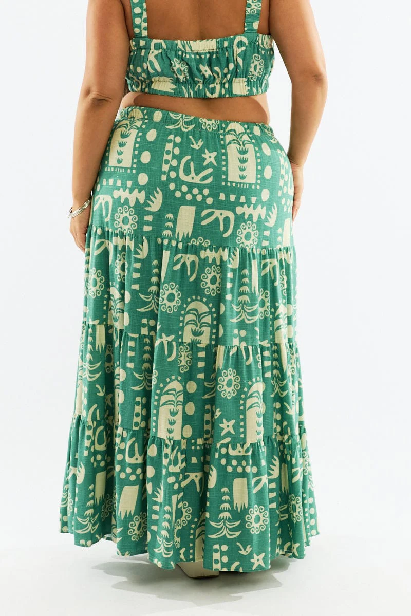 Green Abstract Linen Blend Tiered Drawstring Waist Maxiskirt - Image 5