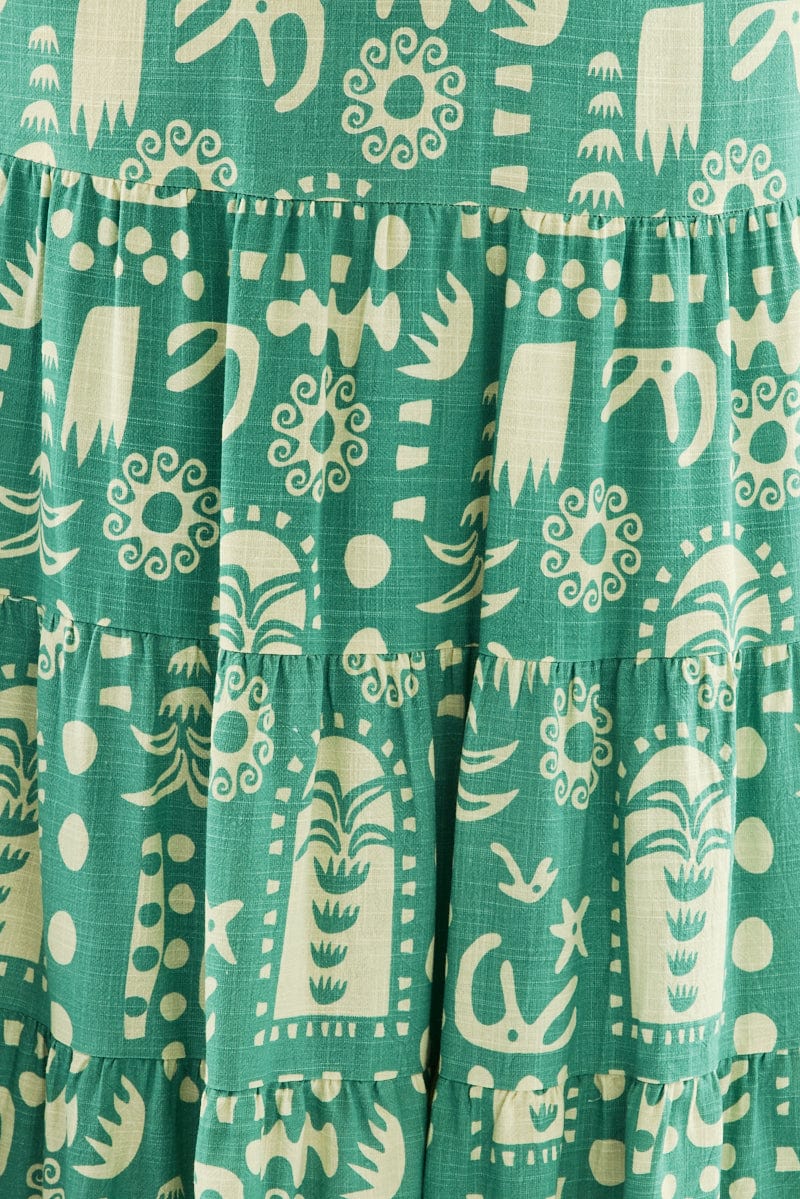 Green Abstract Linen Blend Tiered Drawstring Waist Maxiskirt - Image 6