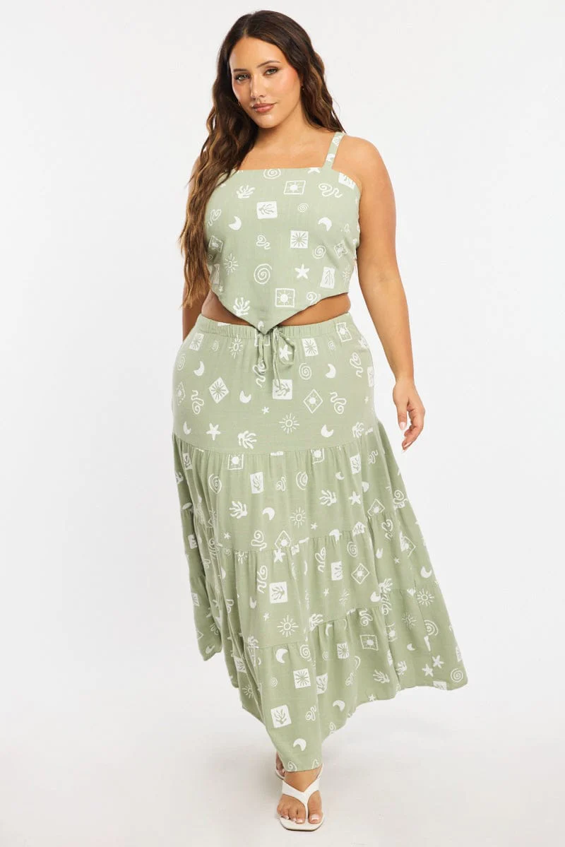 Green Abstract Maxi Skirt Tiered Linen Blend