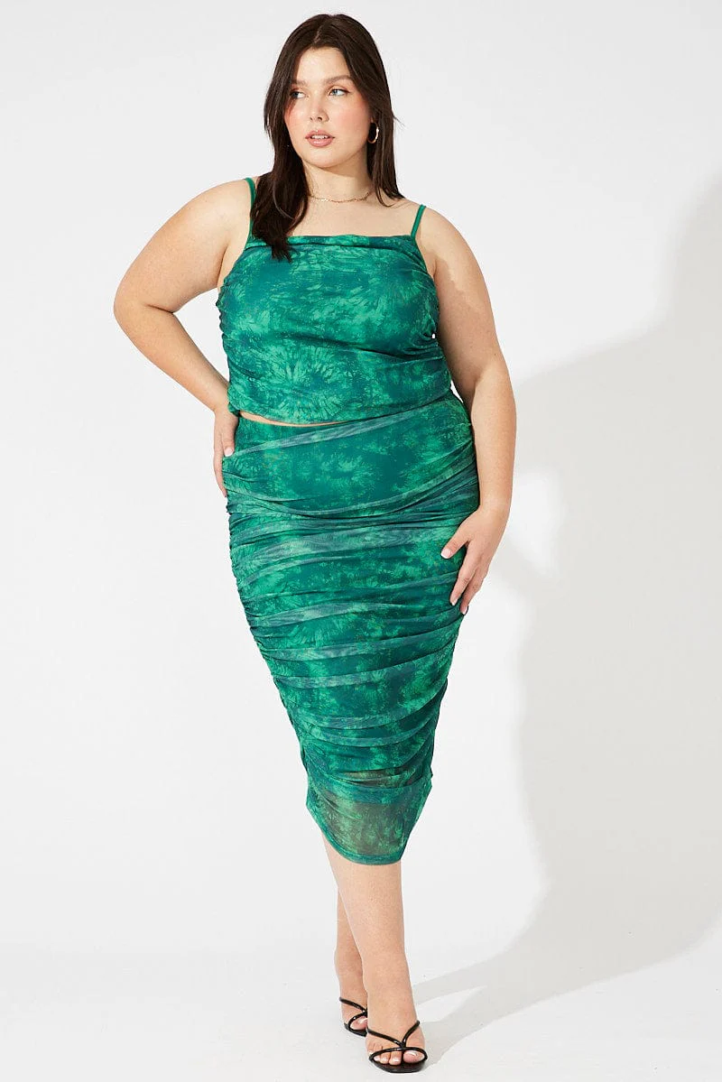 Green Abstract Mesh Ruched Tie Dye Midi Skirt