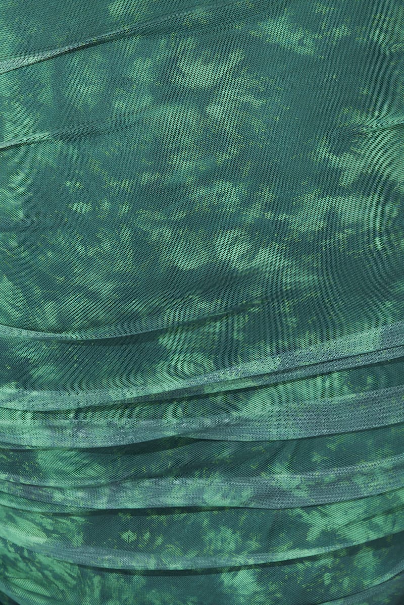 Green Abstract Mesh Ruched Tie Dye Midi Skirt - Image 6