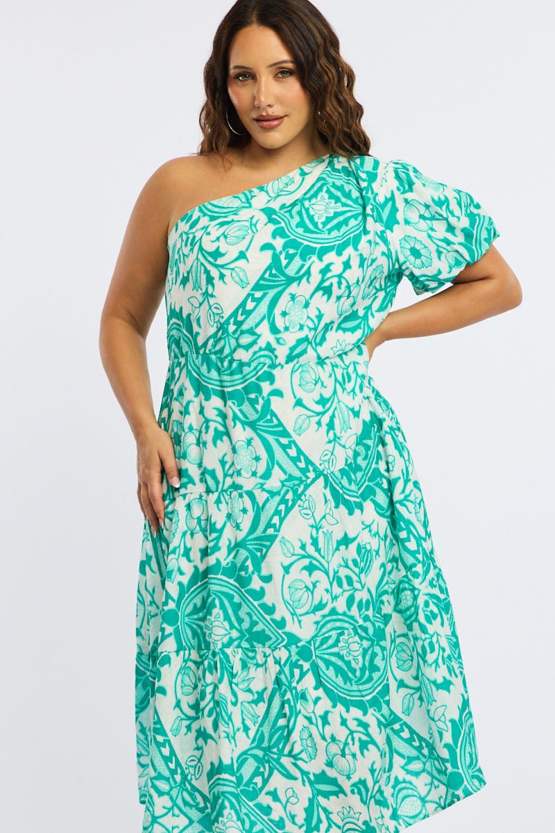Green Abstract Midi Dress One Shoulder - Image 2