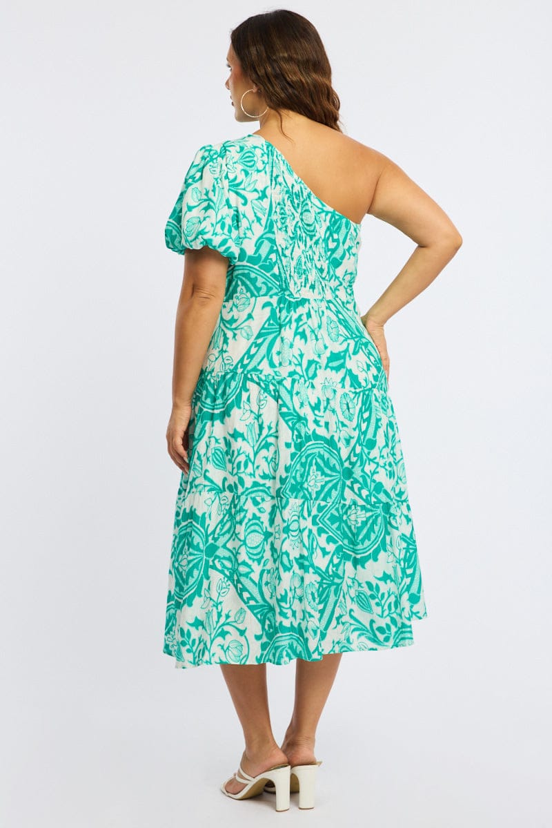 Green Abstract Midi Dress One Shoulder - Image 4