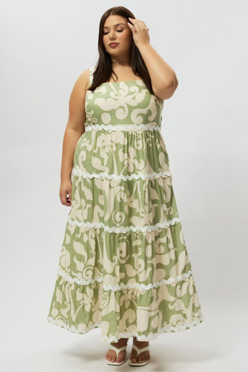 Green Abstract Midi Dress Sleeveless Ric Rac Tiered Linen Blend