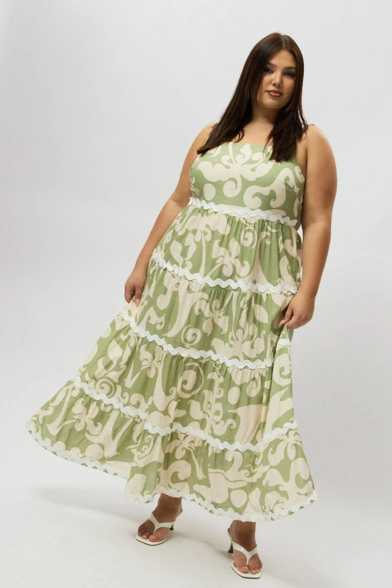 Green Abstract Midi Dress Sleeveless Ric Rac Tiered Linen Blend - Image 2