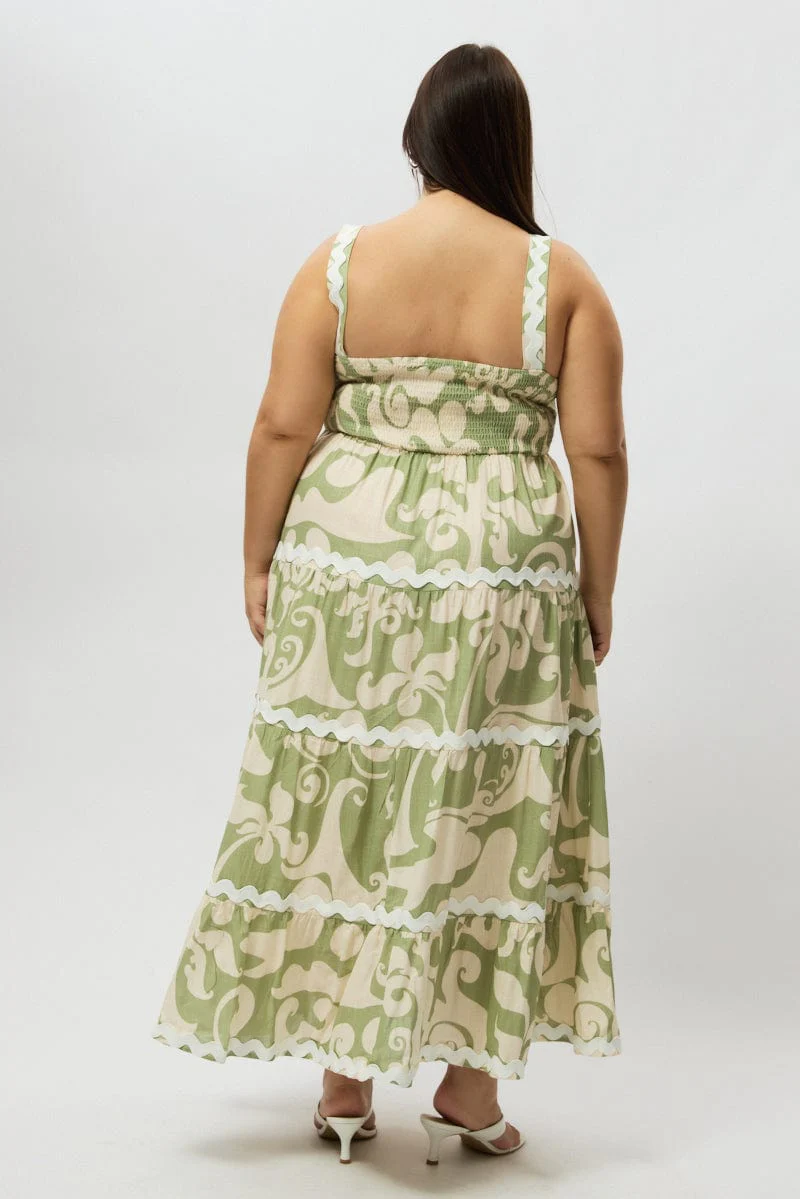 Green Abstract Midi Dress Sleeveless Ric Rac Tiered Linen Blend - Image 5