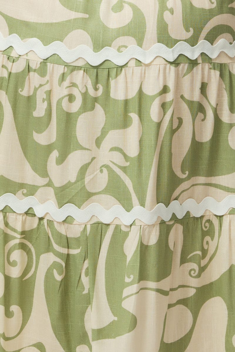 Green Abstract Midi Dress Sleeveless Ric Rac Tiered Linen Blend - Image 6