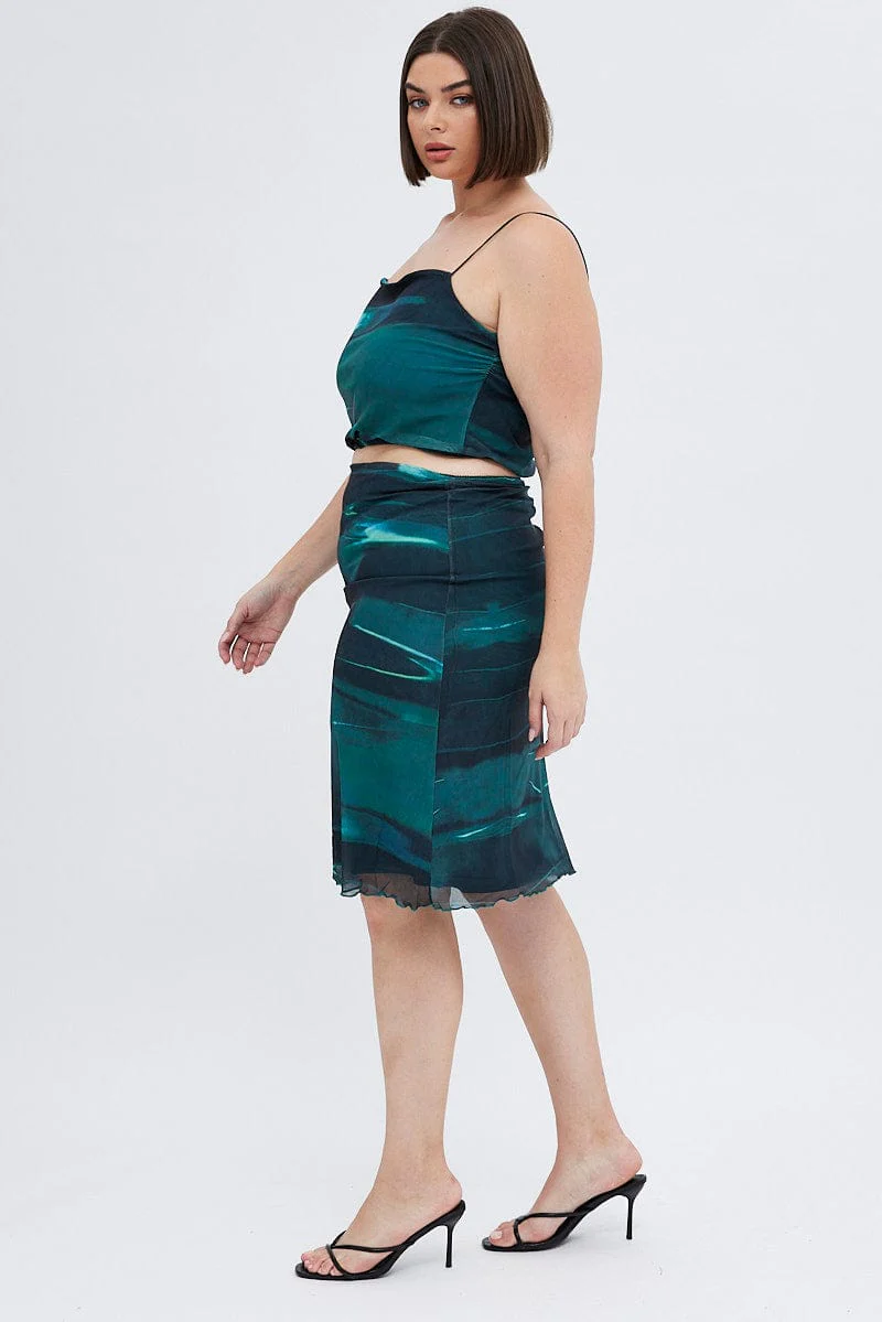 Green Abstract Midi Skirt Bodycon Elastic Waist Mesh - Image 5