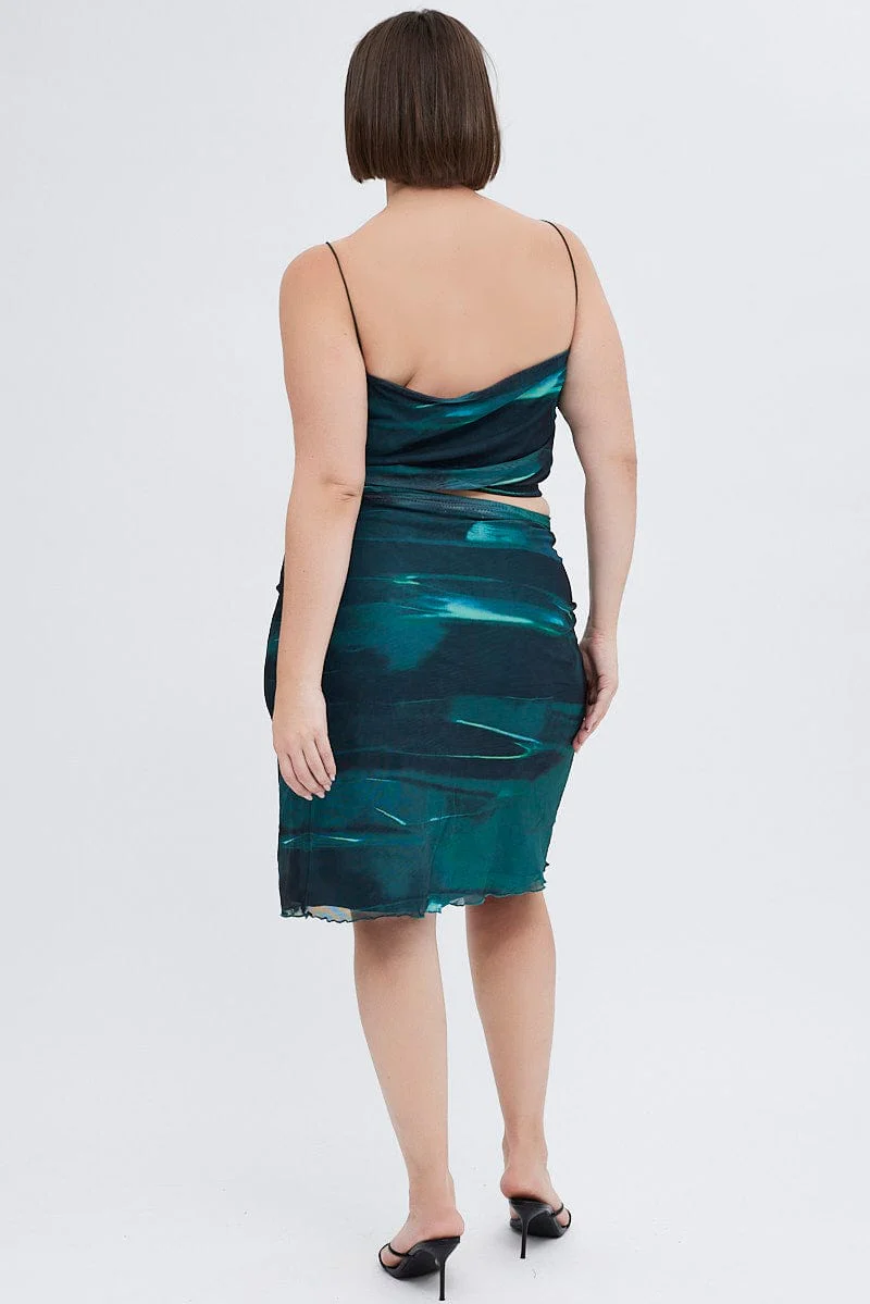 Green Abstract Midi Skirt Bodycon Elastic Waist Mesh - Image 6