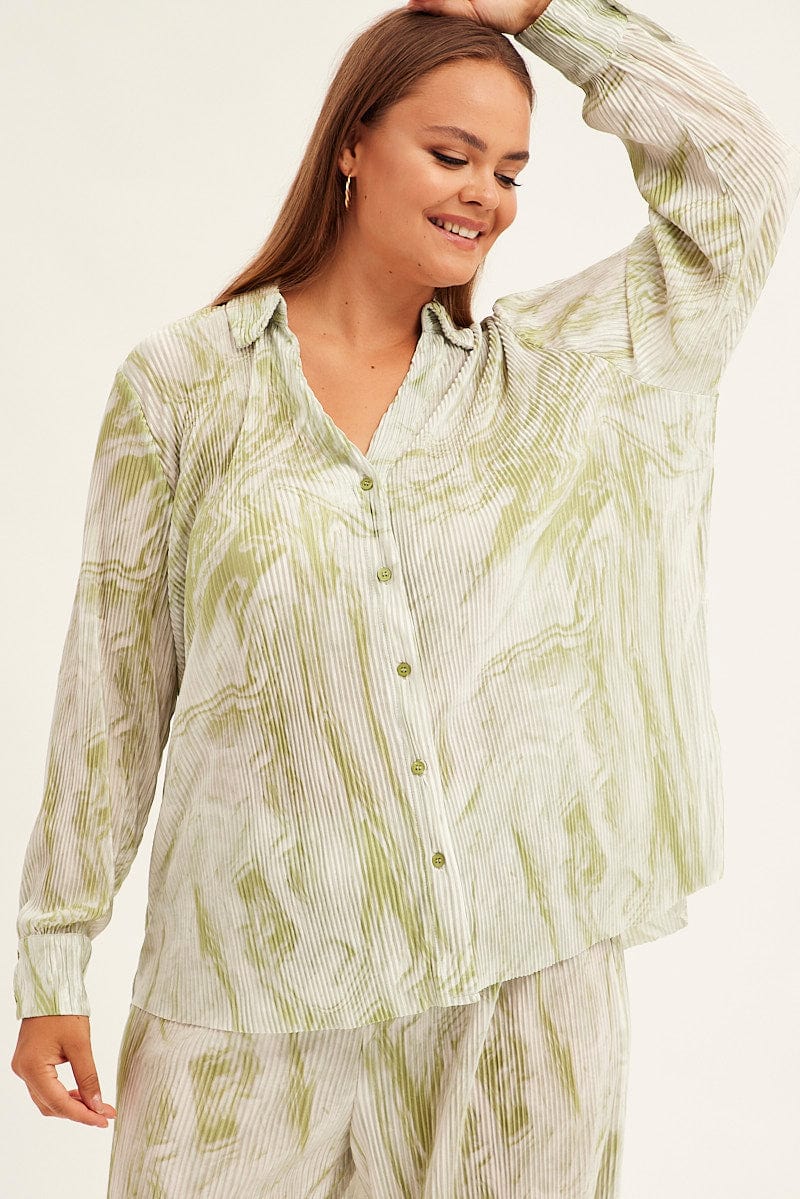 Green Abstract Relaxed Shirt Long Sleeve V-neck Plisse - Image 2
