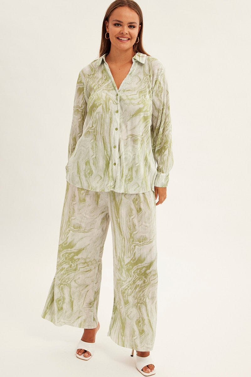 Green Abstract Relaxed Shirt Long Sleeve V-neck Plisse - Image 3