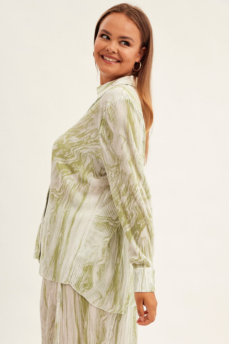 Green Abstract Relaxed Shirt Long Sleeve V-neck Plisse - Image 5