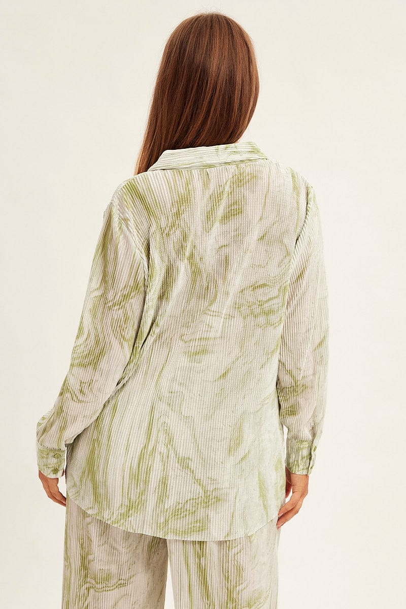 Green Abstract Relaxed Shirt Long Sleeve V-neck Plisse - Image 6