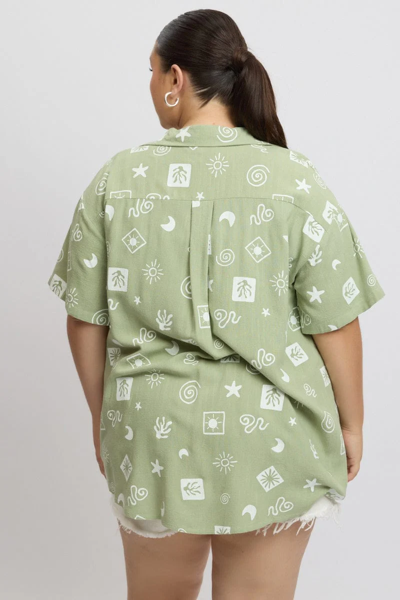 Green Abstract Relaxed Shirt Short Sleeve Linen Blend - Image 5