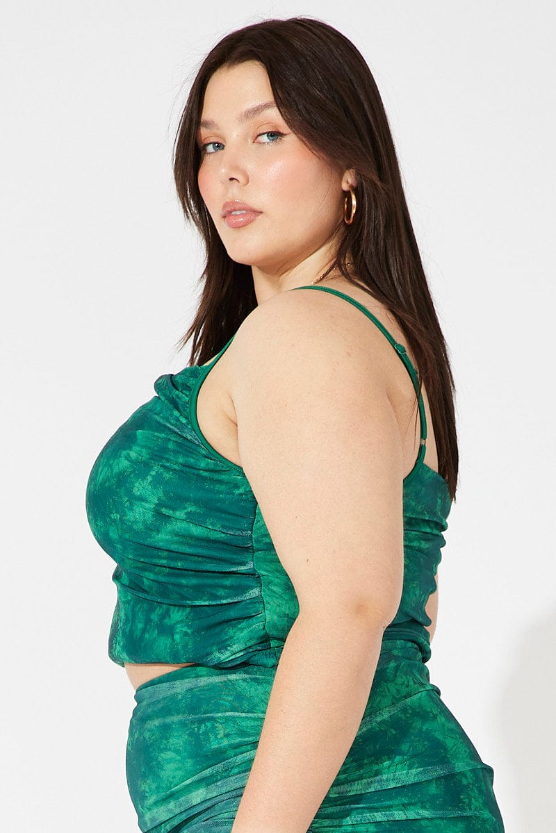 Green Abstract Singlet Mesh Top Side Ruched - Image 3