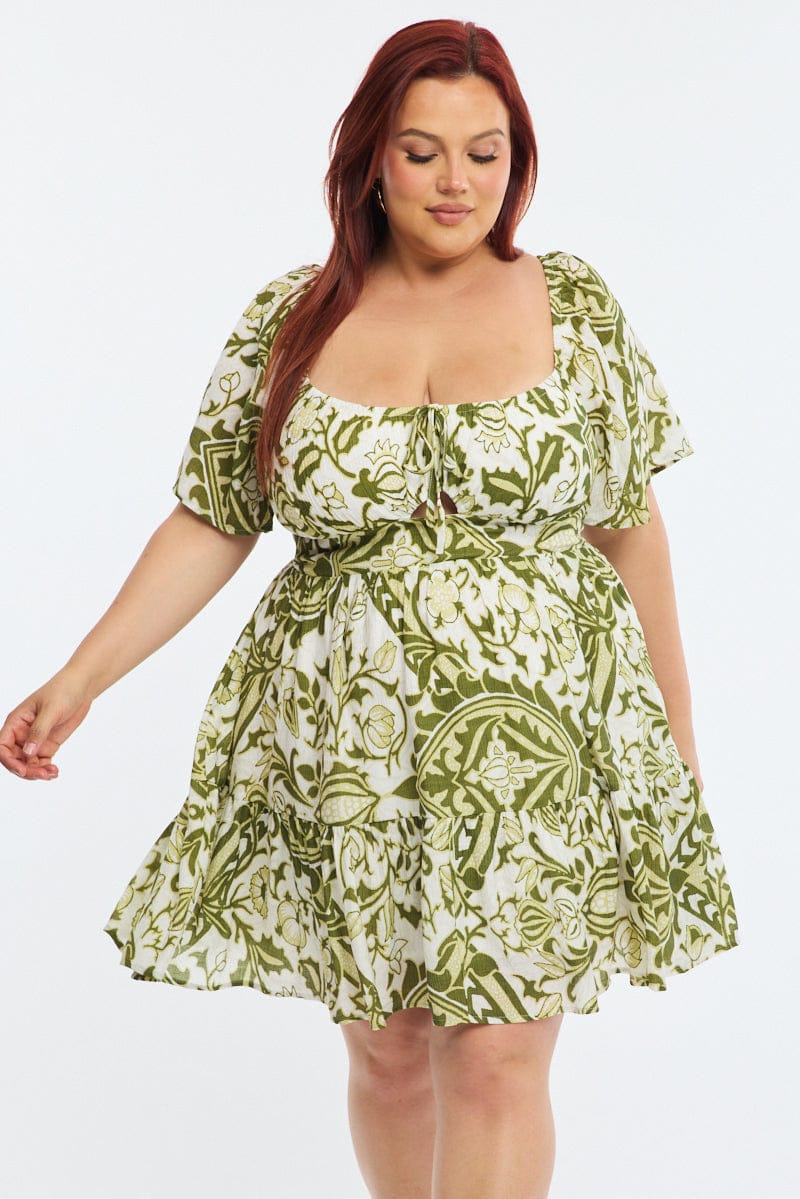 Green Abstract Skater Dress Short Sleeve - Image 3