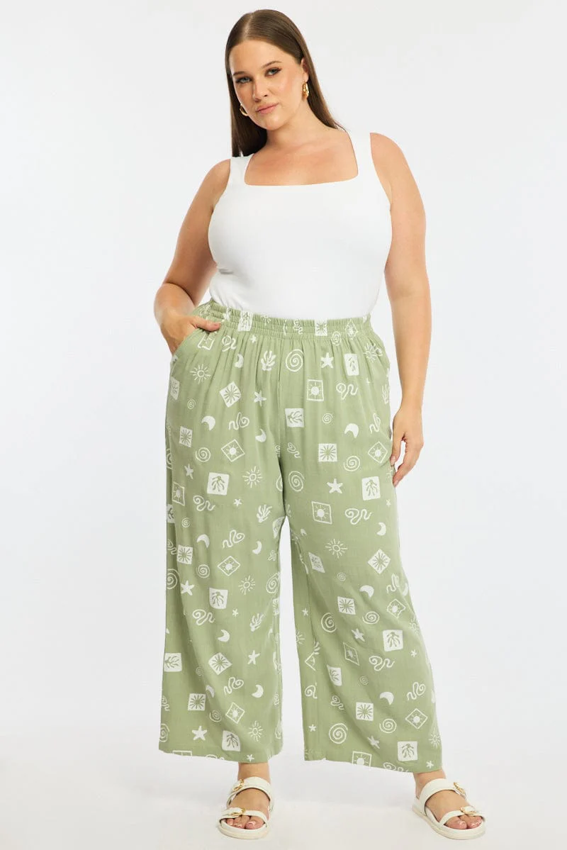 Green Abstract Wide Leg Pants Elastic Waist