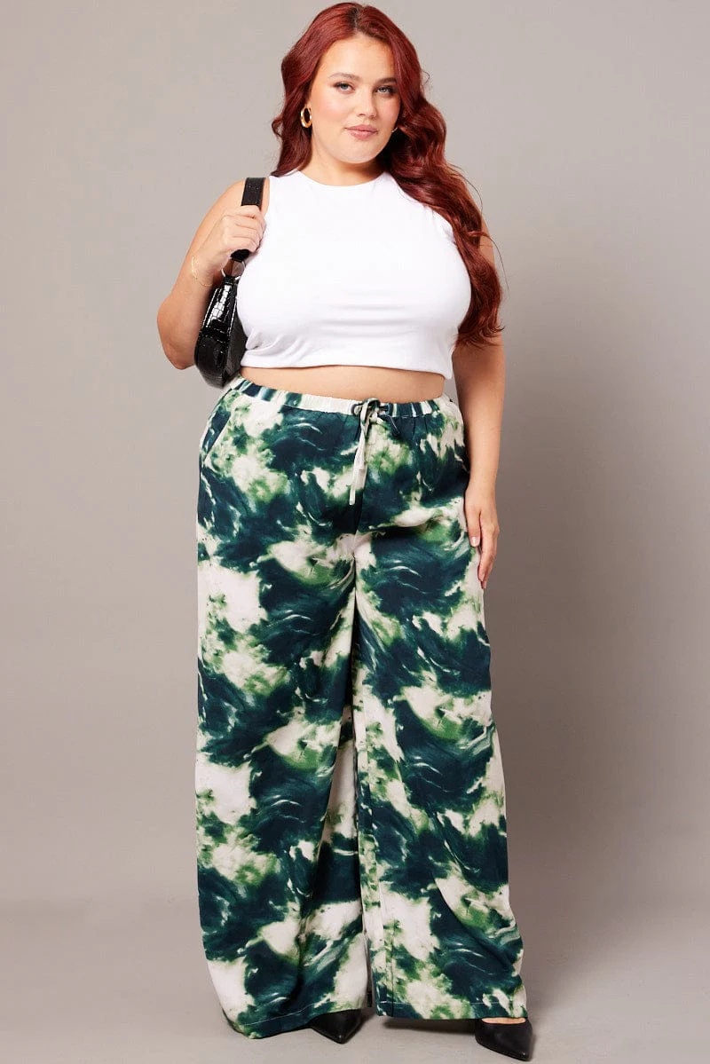 Green Abstract Wide Leg Pants High Rise - Image 2