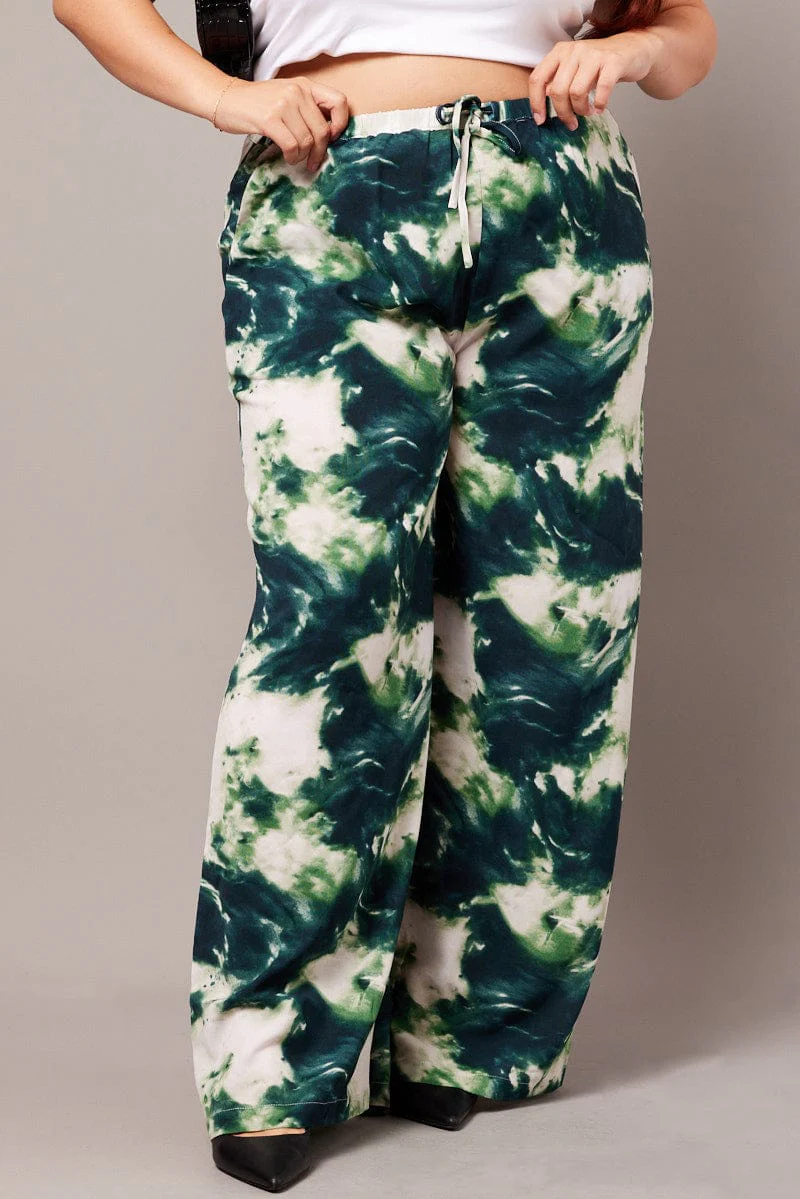 Green Abstract Wide Leg Pants High Rise - Image 3