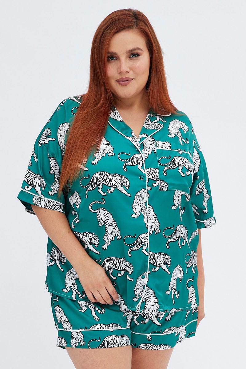 Green Animal Print Satin Pyjama Button Through Tiger Print Pj - Image 3