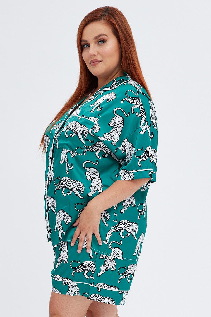Green Animal Print Satin Pyjama Button Through Tiger Print Pj - Image 4