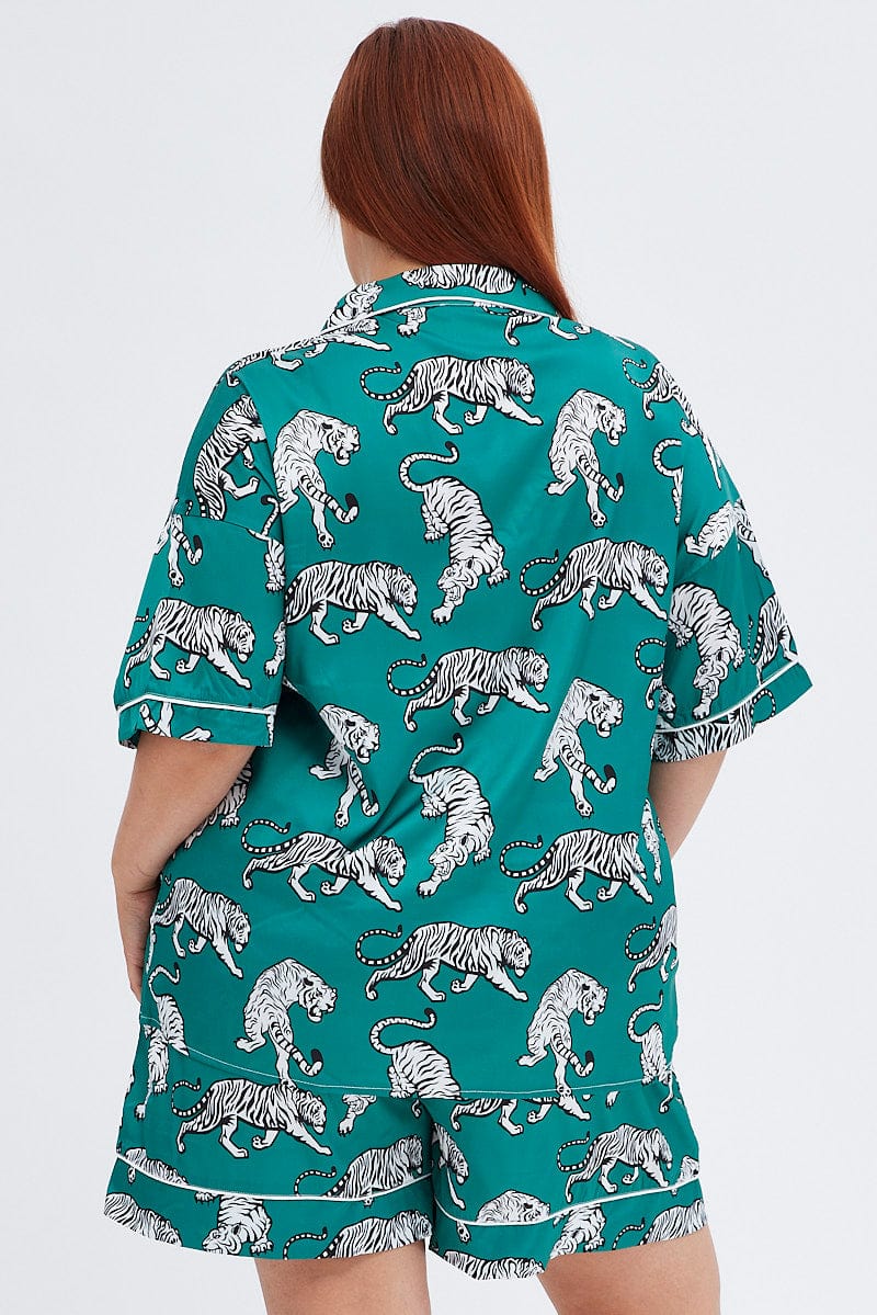 Green Animal Print Satin Pyjama Button Through Tiger Print Pj - Image 5