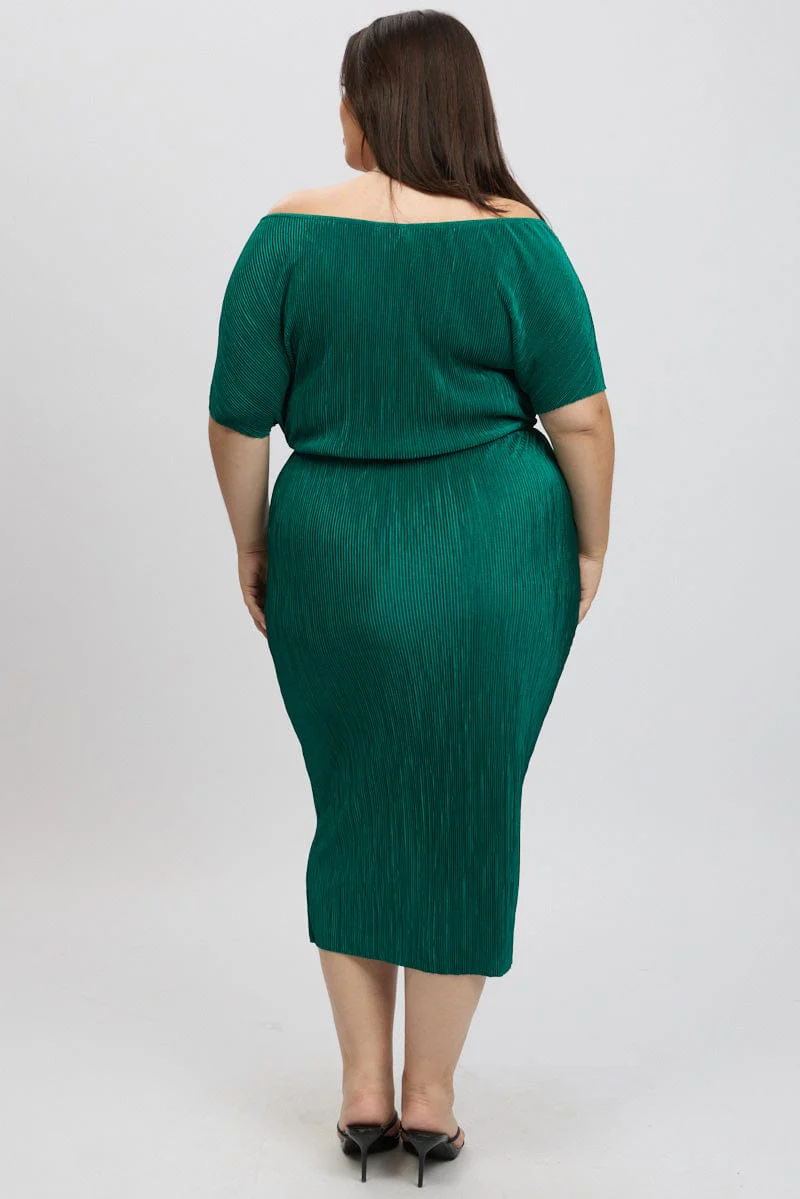 Green Asymmetric Plisse Midi Dress - Image 5