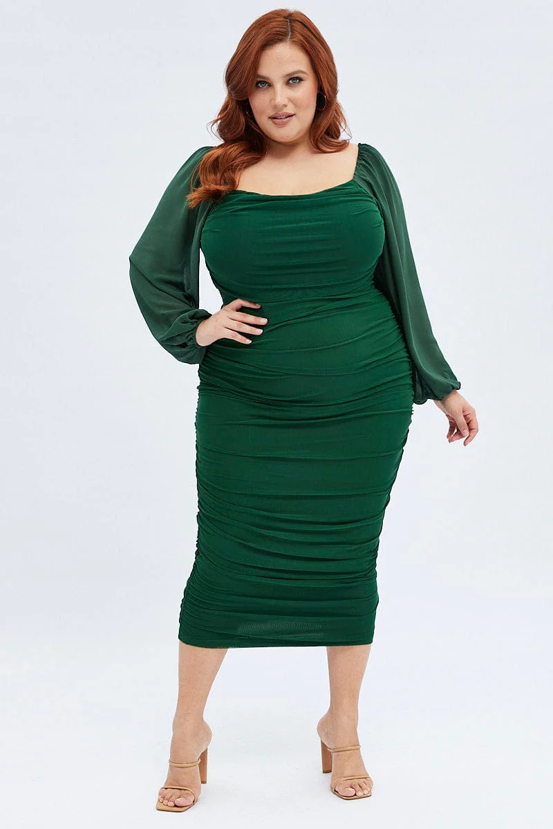 Green Bodycon Dress Mesh Balloon Sleeve Ruched Midi - Image 3