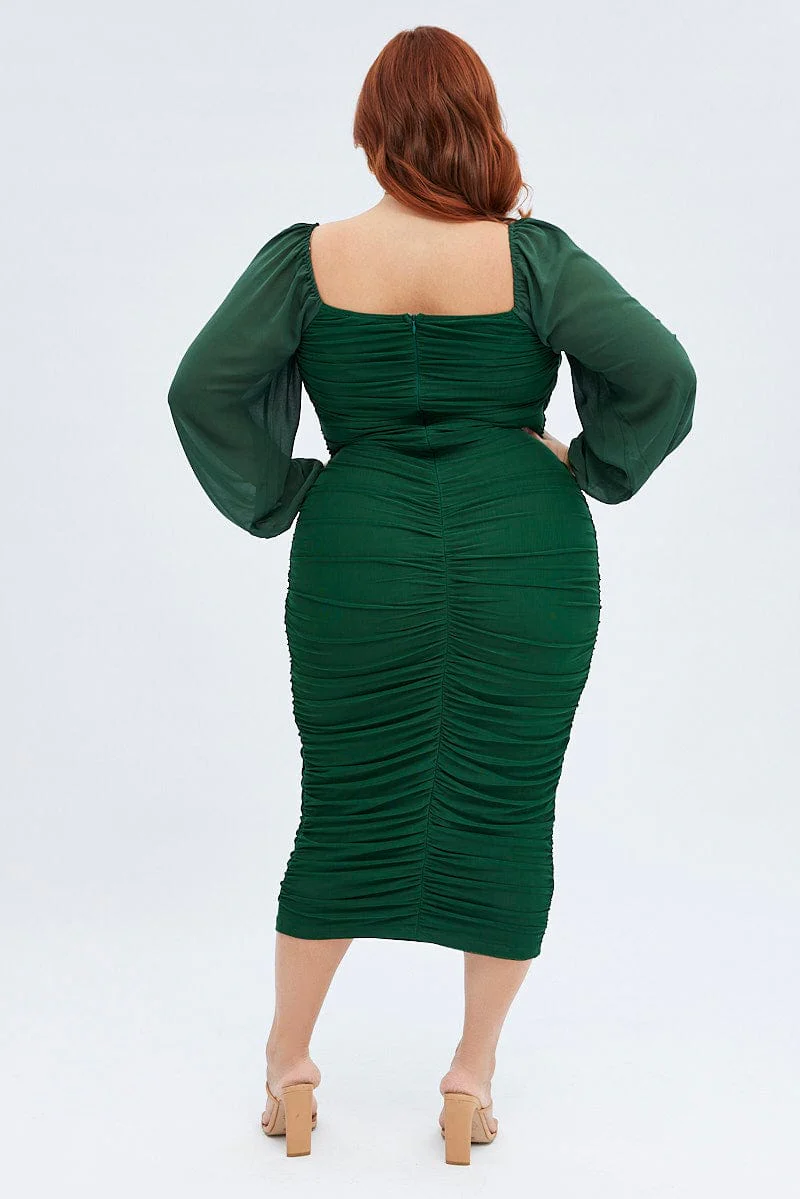 Green Bodycon Dress Mesh Balloon Sleeve Ruched Midi - Image 5