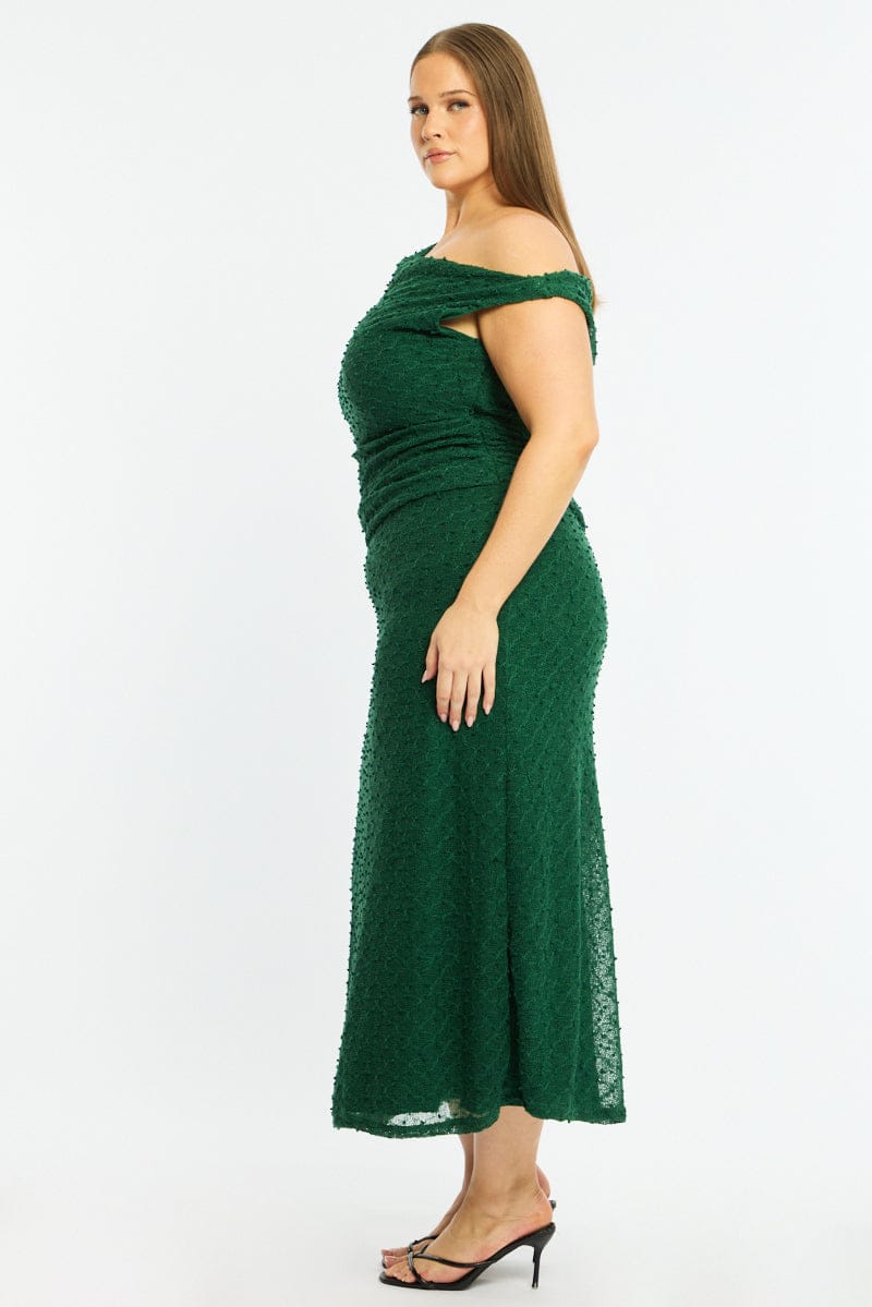 Green Bodycon Dress Textured Off Shoulder - Image 3