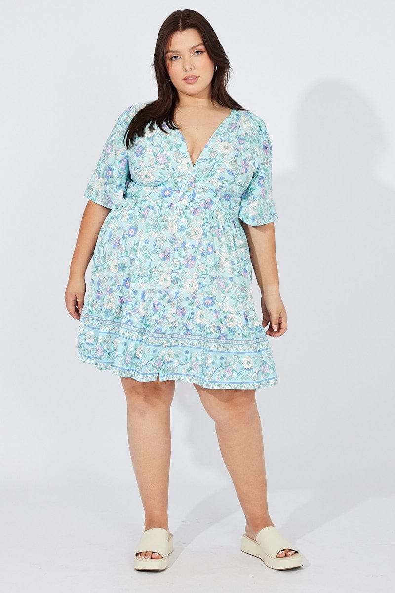 Green Boho Fit And Flare Dress Short Sleeve - Image 3