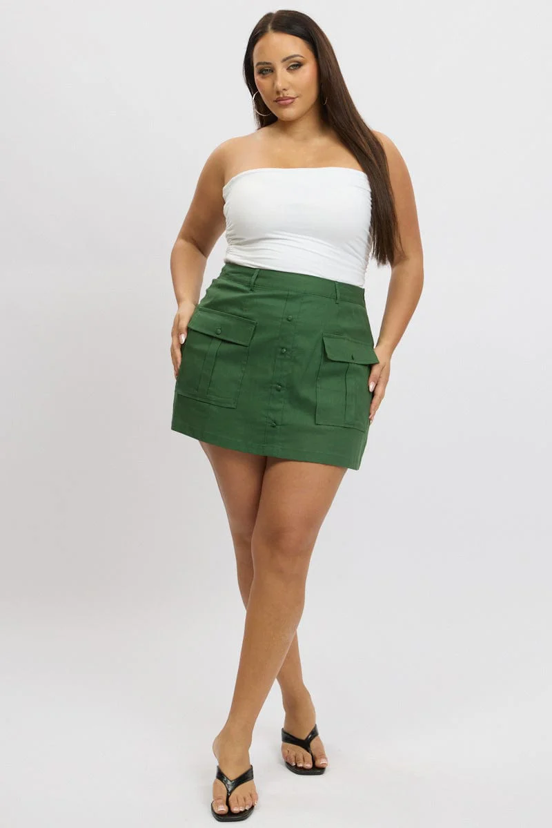 Green Button Detail Patch Pocket Cotton Mini Skirt - Image 2