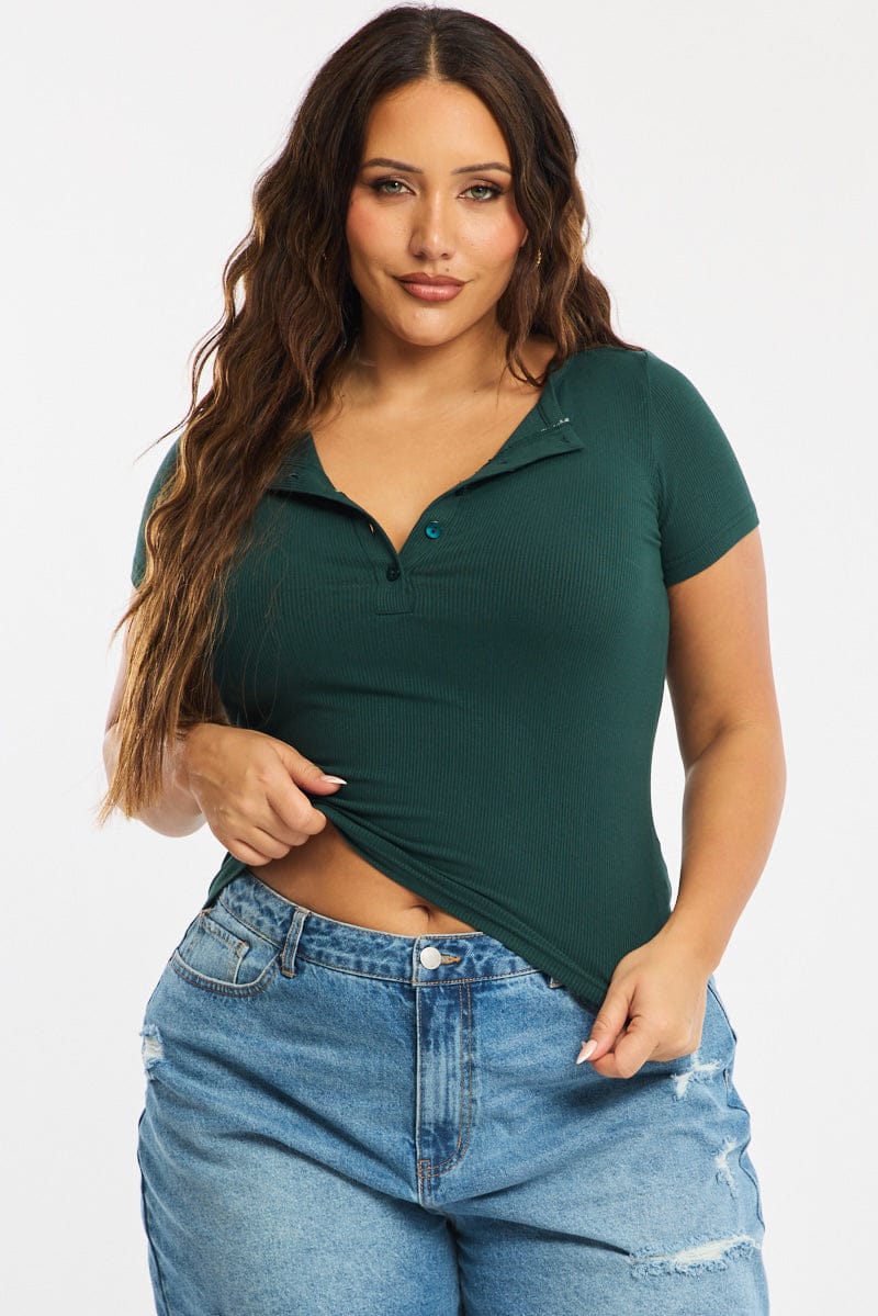 Green Button Front Top Short Sleeve Rib