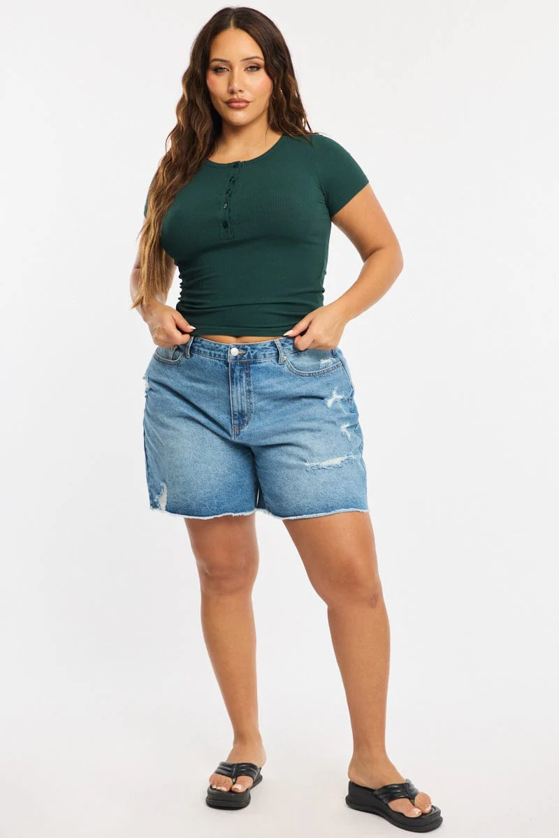 Green Button Front Top Short Sleeve Rib - Image 2