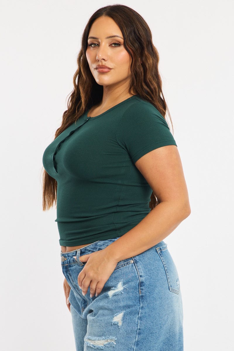 Green Button Front Top Short Sleeve Rib - Image 3