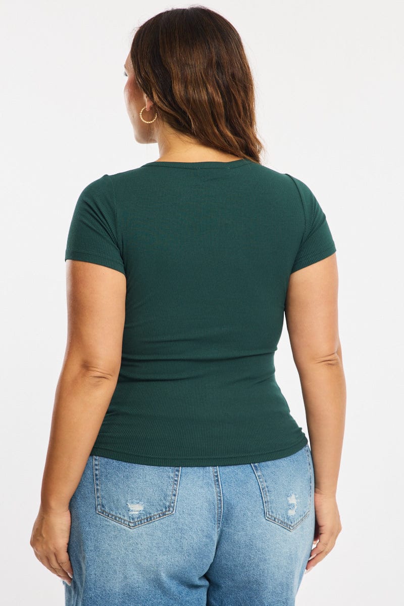 Green Button Front Top Short Sleeve Rib - Image 4